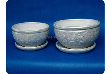 Комплект из 2-х горшков из керамики с поддонами «Фиалка металлик серебро»
